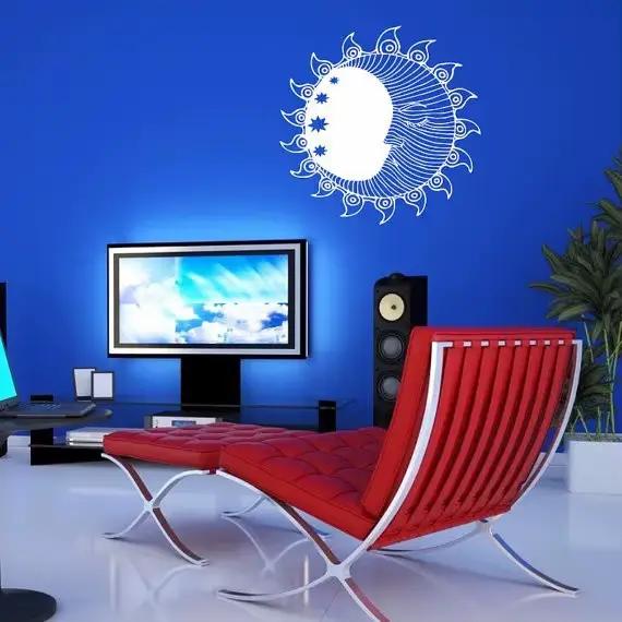 Autocollant mural soleil croissant de lune, double symbole d'étoiles ethniques, autocollants muraux en vinyle, décoration intérieure de maison, chambre à coucher