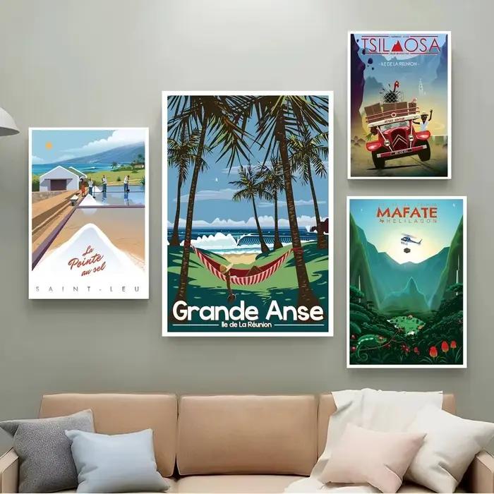 Affiche de voyage vintage de l'île de la Réunion en France avec impressions