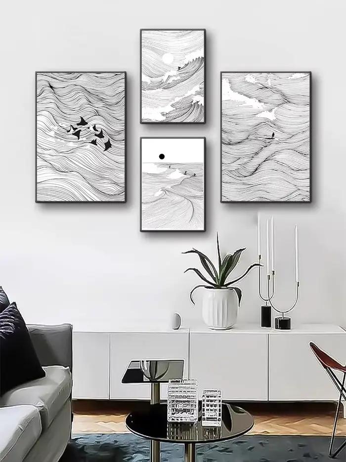Tableaux d'art linéaire sur toile avec motifs vagues