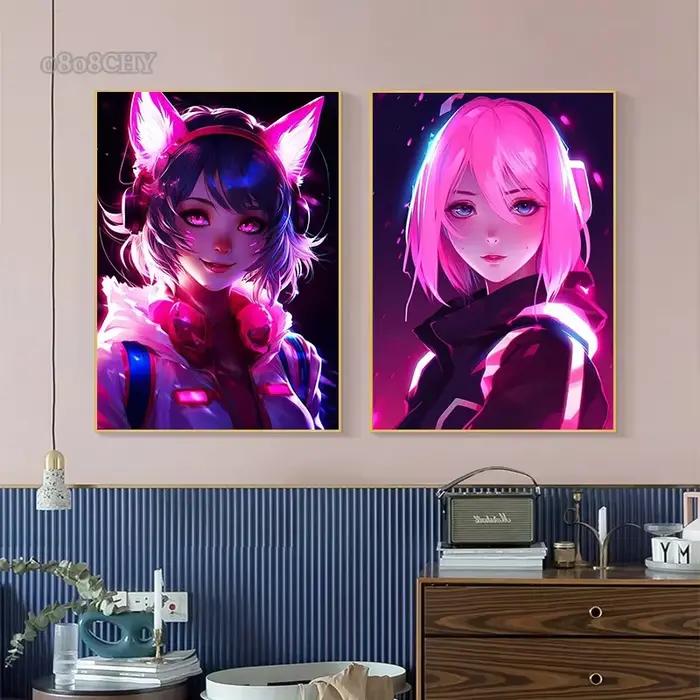 Néon Anime chat fille affiches imprime toile peinture Manga
