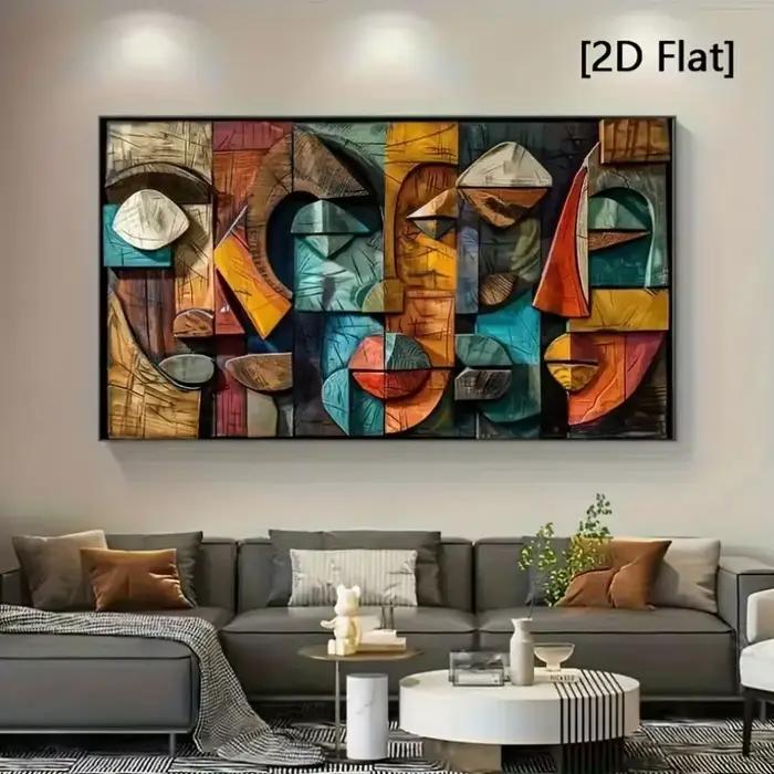 [2D plat] Décoration murale d'art en bois géométrique abstrait moderne – Impression sur toile sans cadre avec des tons