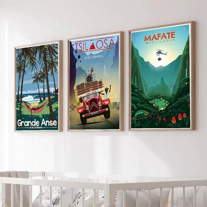 Affiche de voyage vintage de l'île de la Réunion en France avec impressions