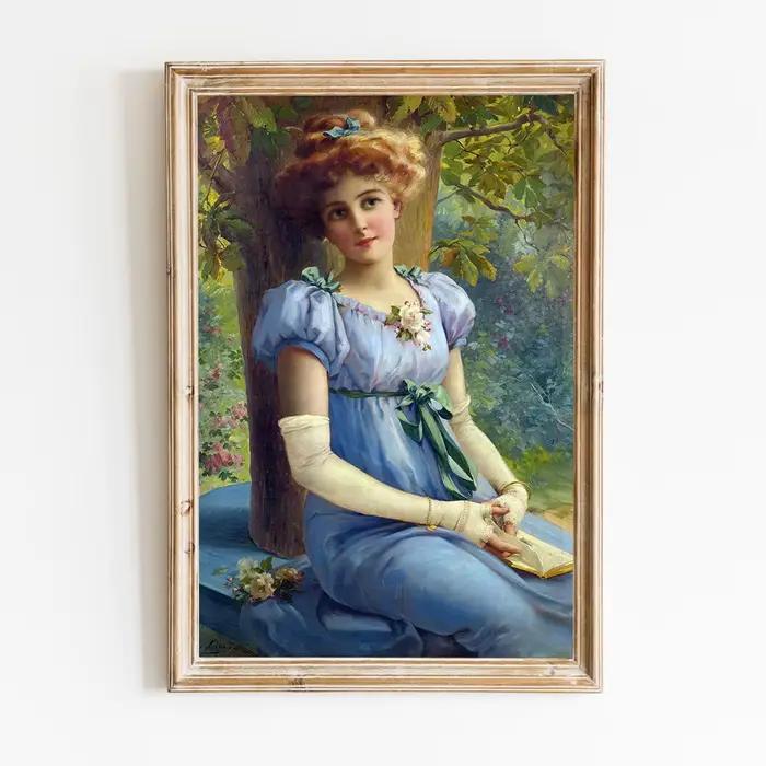 Paysage de jardin de printemps paisible et élégant avec Portrait de filles, affiches d'art, peinture à l'huile sur toile imprimée, galeries de musée, décor mural