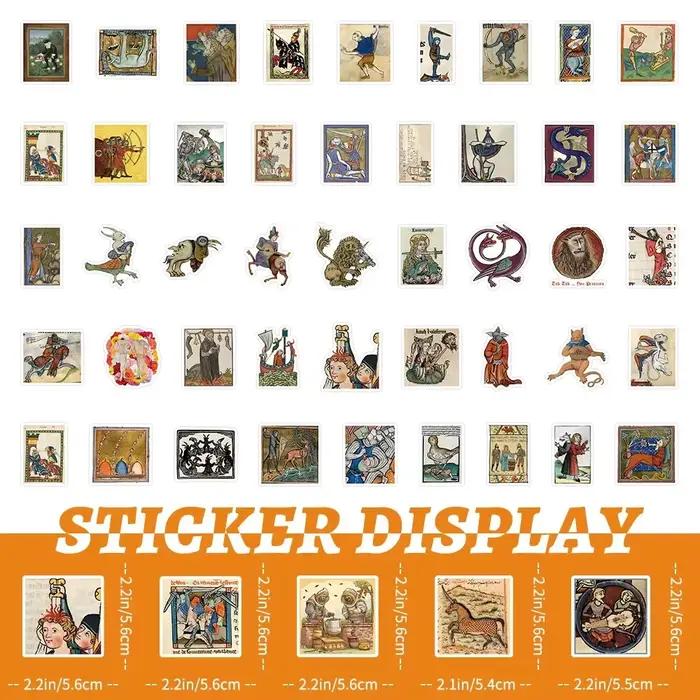 50 autocollants rétro à motifs d'art médiéval pour DIY, téléphone, ordinateur portable, bagages, skateboard, graffiti – Amusants pour enfants, jouets, cadeaux de fête