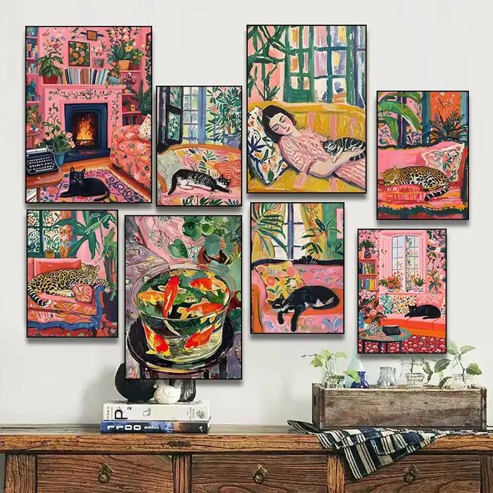 Affiche d'art chat noir léopard couché canapé toile peinture impression mur salon décor à la maison femme