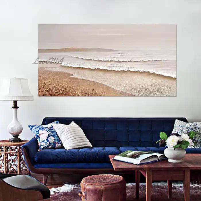 Grande toile d'art, peinture à l'huile de paysage de bord de mer faite à la main