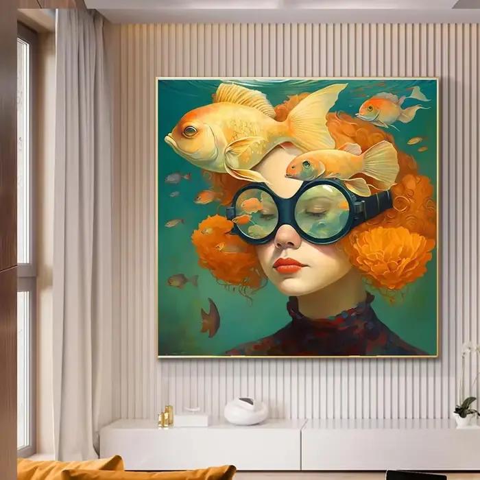 Surréalisme femme Portrait toile peinture mur Art affiche merveilleux fantaisie poisson et fille imprime pour salon décor à la maison