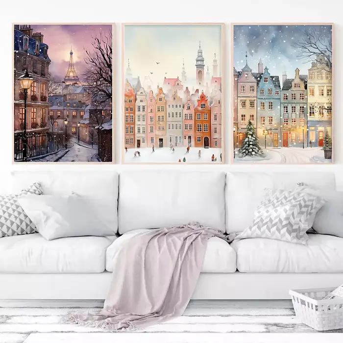 À Paris maison de neige arbre de noël ville enneigée mode mur Art toile peinture nordique affiche décor romantique hiver