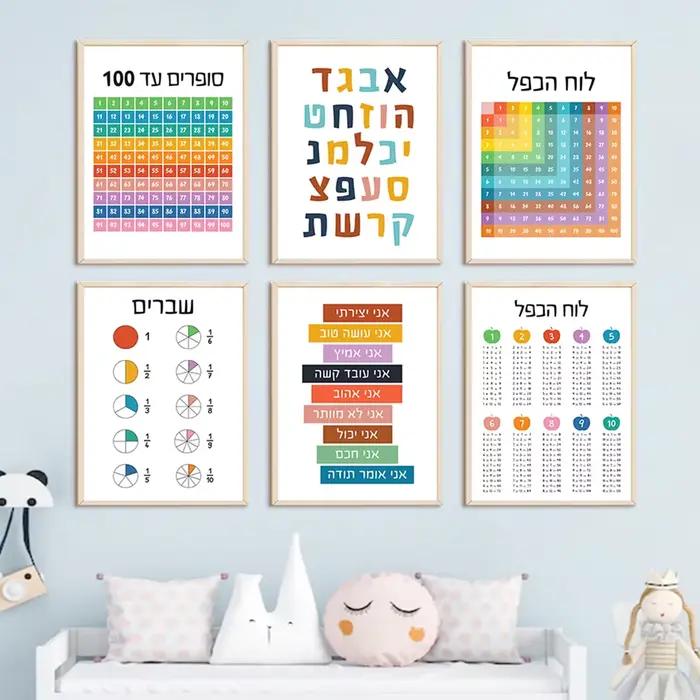 Lettres de l'alphabet hébraïques, chiffres juifs, heure du jour, art mural, peinture sur toile, affiches et College nordiques, décoration de chambre d'enfant