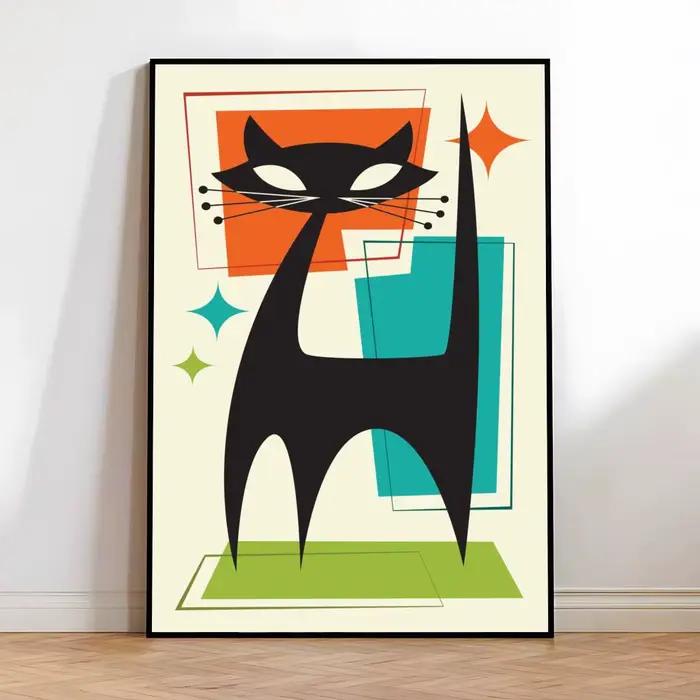 Affiche esthétique de calligraphie avec peinture de chat noir du milieu du siècle