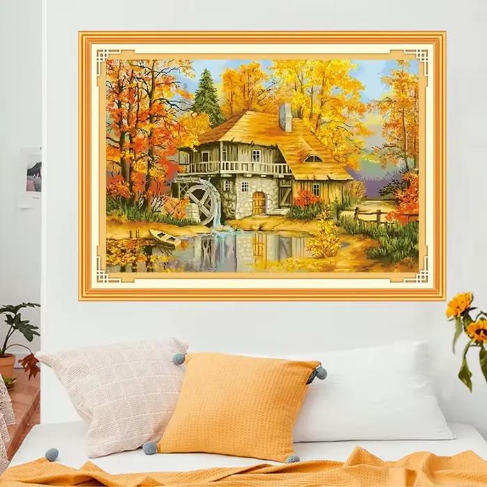 Peinture de cabine d'automne sur toile imprimée