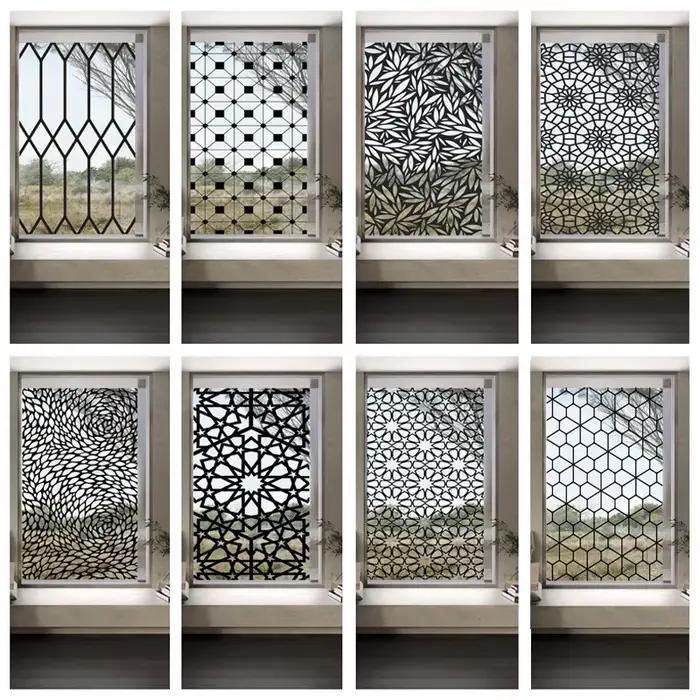 Film de Vitrail Transparent, Autocollant en Verre, Style Fer, Ligne Noire, Porte de Bureau, Anticollision, Décoration de Maison