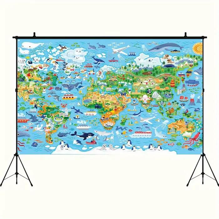 Un fond de carte du monde vif avec des animaux et des planètes de dessin animé – adapté à la décoration de la maison