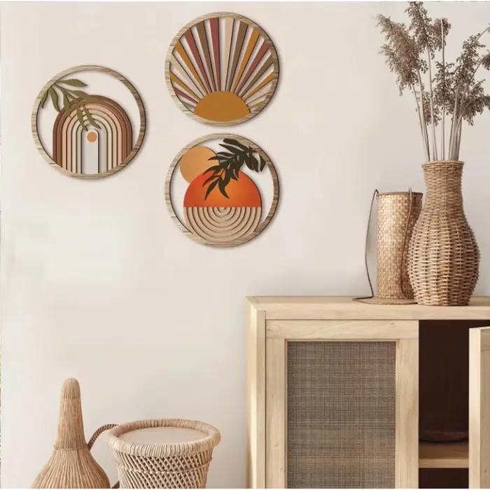 Lot de 3 décorations murales bohèmes en bois rondes ajourées