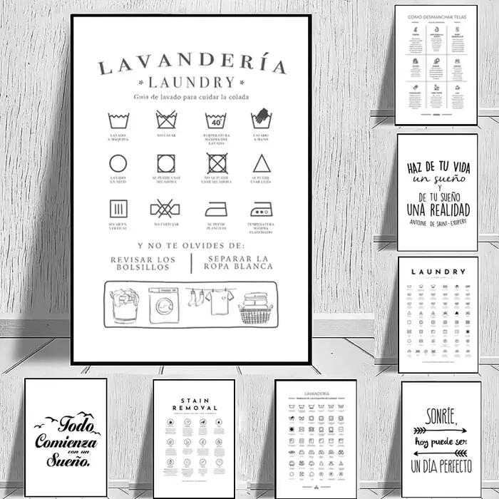 Espagnol Símbolos de Lavandería buanderie mur photos symboles taches Guide toile peinture impressions espagne maison chambre décor