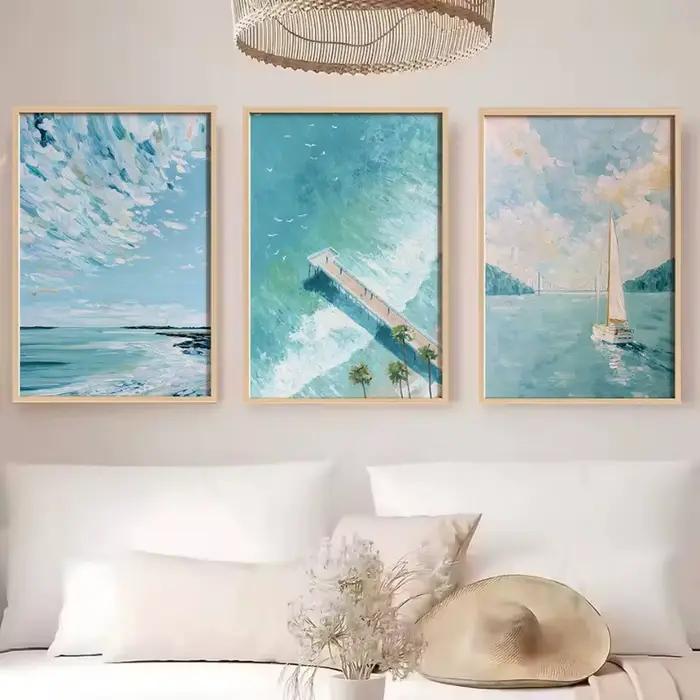 Affiche abstraite côtière bleu clair océan ciel paysage marin vagues de plage Shoreline toile peinture Art mural pour salon décor à la maison