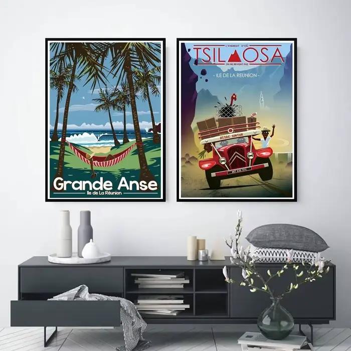 Affiche de voyage vintage de l'île de la Réunion en France avec impressions