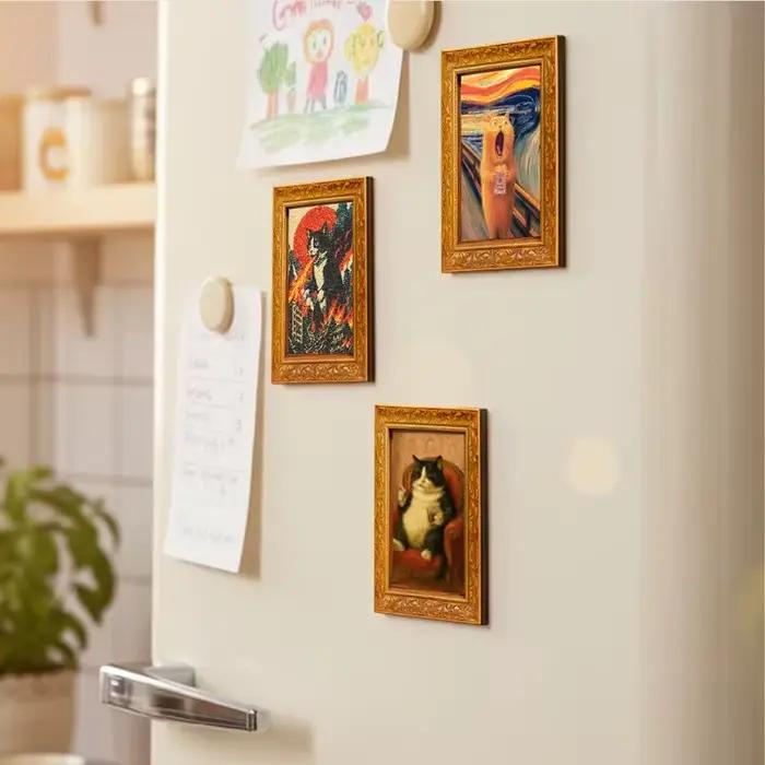 Un chat géant attaque un poster magnétique représentant un réfrigérateur en bois