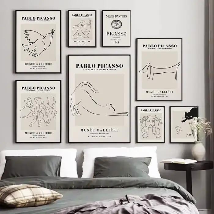 Affiches et impressions abstraites Picasso Line Cat Pigeon Girl, peinture sur toile, images d'exposition pour salon et décoration intérieure