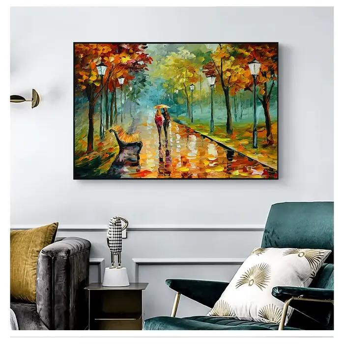 Affiche de paysage de rue de jour de pluie de couple