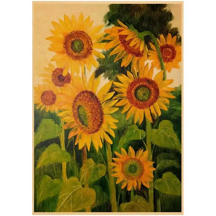 Affiches de peinture à l'huile tournesol, paysage de fleurs, papier Kraft, autocollants muraux, décor salle d'étude, Bar café, peintures murales