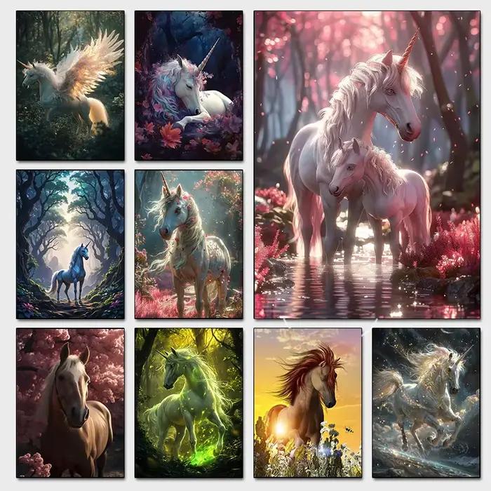 Affiches de licorne de conte de fées colorées modernes dans la forêt