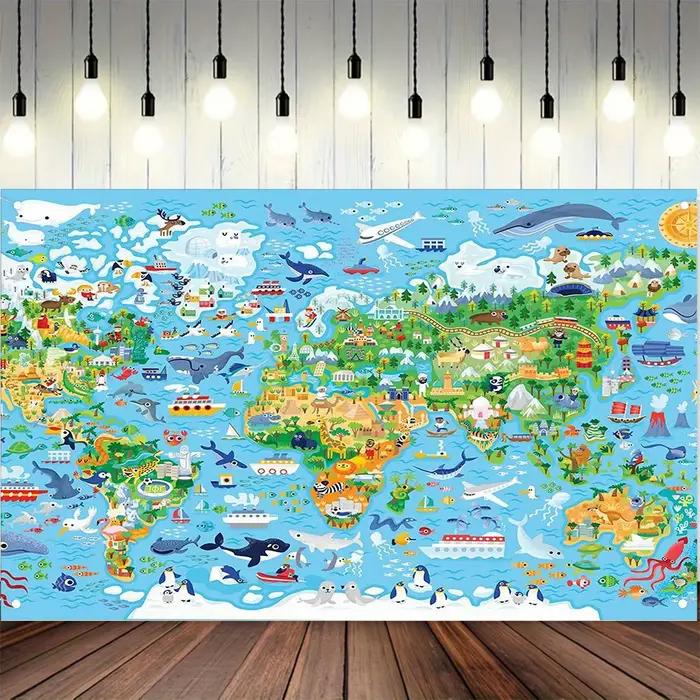 Un fond de carte du monde vif avec des animaux et des planètes de dessin animé – adapté à la décoration de la maison