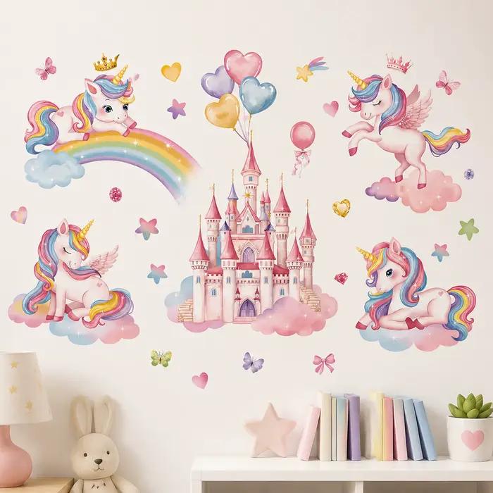 Autocollant mural Château Licorne pour chambre d'enfant