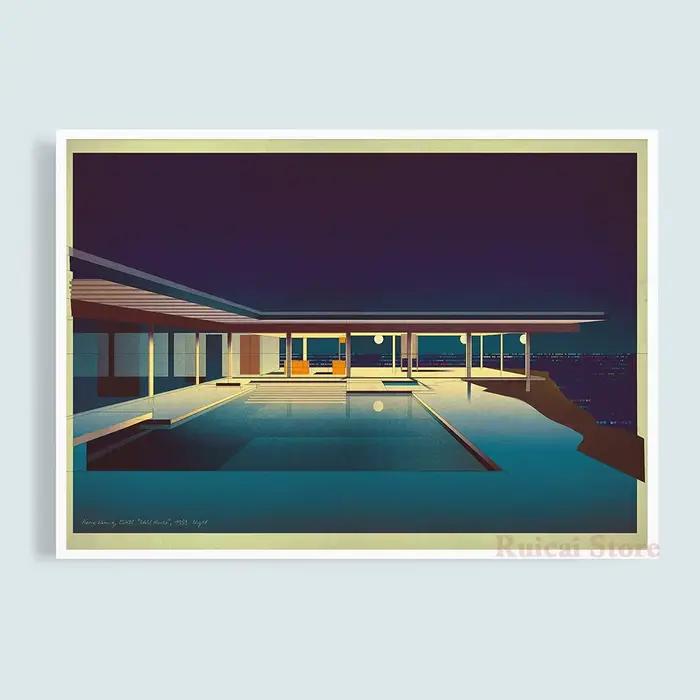 Pierre Koenig Stahl House Night View Canvas Poster Pool Villa Architecture