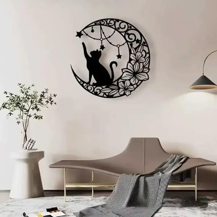 Décoration murale en fer simple avec silhouette de chat noir et lune