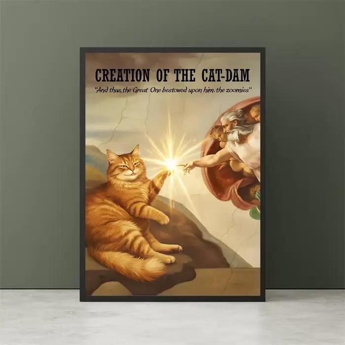 Impression murale créative et amusante de la Création d'Adam avec chat orange