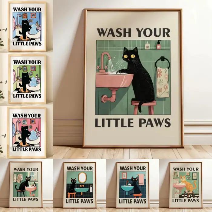 Affiche imprimée sur toile avec Illustration de chat «lavage vos pattes»