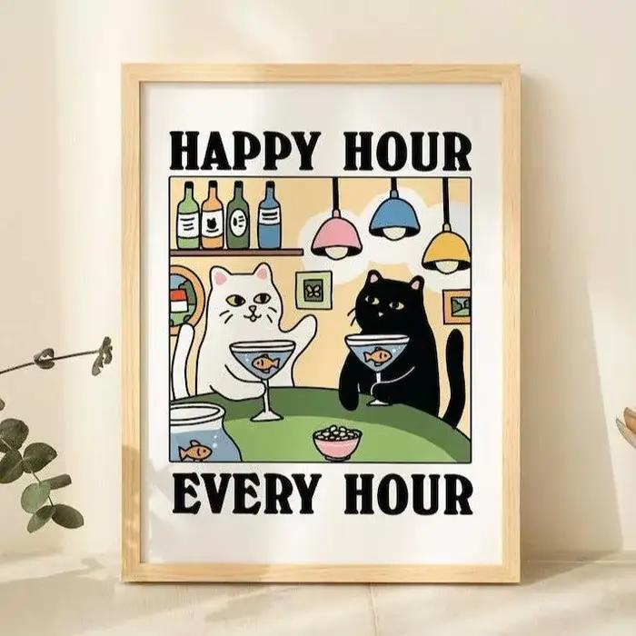 Happy Hour Every Hour – imprimés d'art mural de chat de dessin animé