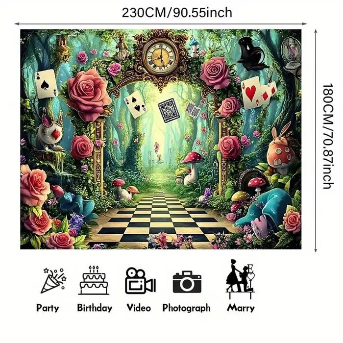 Tapisserie murale Alice au pays des merveilles, décoration de jardin de forêt fantastique, chemin de jeu d'échecs, horloge rose, thème Alice, décoration de chambre, impression 2D plate