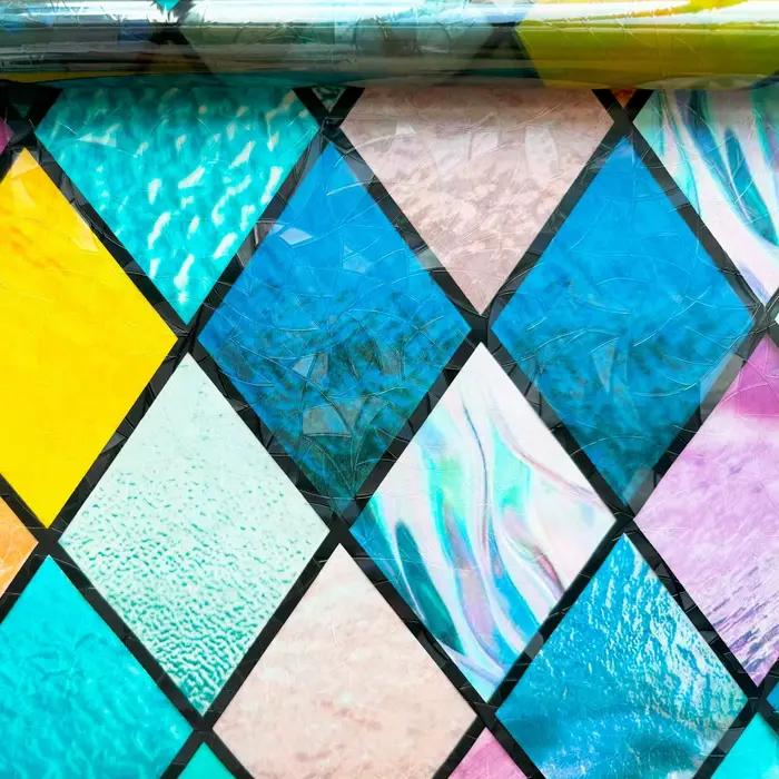 Film de fenêtre en vitrail, films de confidentialité pour vitres, teinte de fenêtre en treillis coloré, autocollants en verre arc-en-ciel pour la maison anti UV
