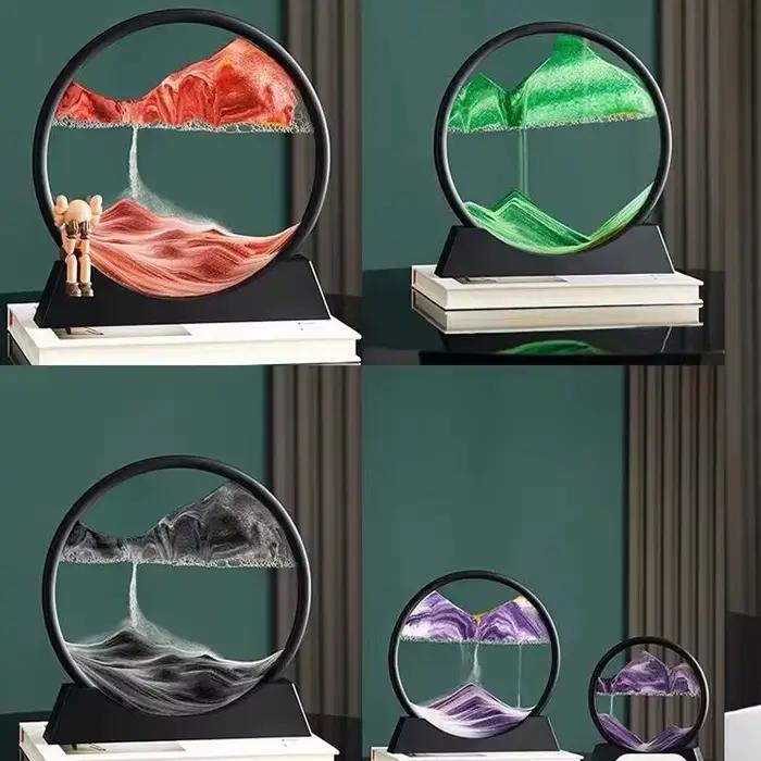 Tableau d'art dynamique en verre rond avec sable marin profond