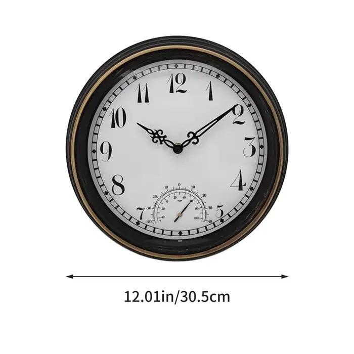 Horloge murale extérieure étanche avec thermomètre IP44 horloge de décoration de jardin ronde Vintage 12 pouces horloge extérieure-ABXK