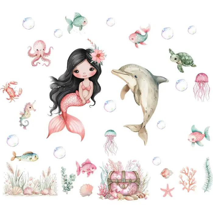 Autocollants muraux sirène du monde sous-marin de dessin animé