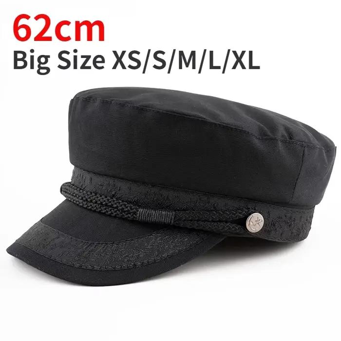 Chapeau militaire grande taille 62cm, casquette marine unisexe pour hommes, chapeau de capitaine de marin à dessus plat, en coton, casquette de bateau rétro noire d'automne