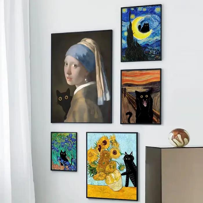Toile d'art drôle Matisse Monet chat noir Van Gogh tournesols