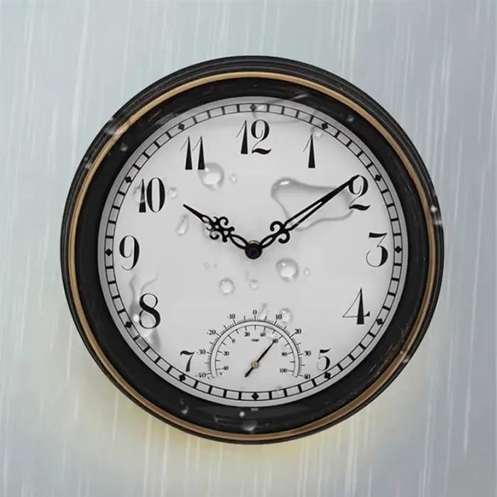 Horloge murale extérieure étanche avec thermomètre IP44 horloge de décoration de jardin ronde Vintage 12 pouces horloge extérieure-ABXK