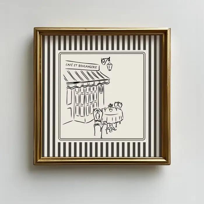 Impression de café français à rayures noires et blanches, illustration minimaliste, téléchargements numériques, impression artistique, idée cadeau, esthétique