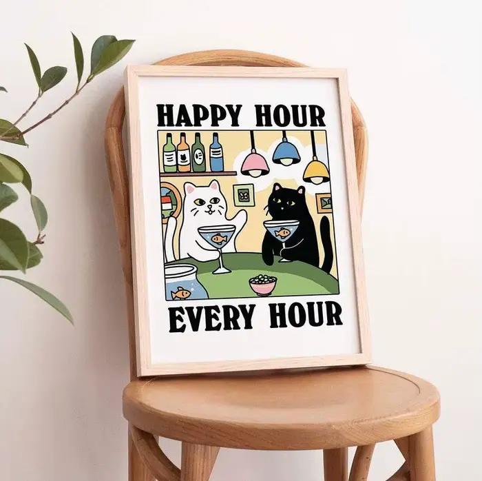 Happy Hour Every Hour – imprimés d'art mural de chat de dessin animé