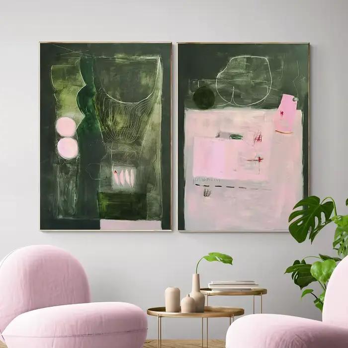 Affiches modernes abstraites vertes et roses