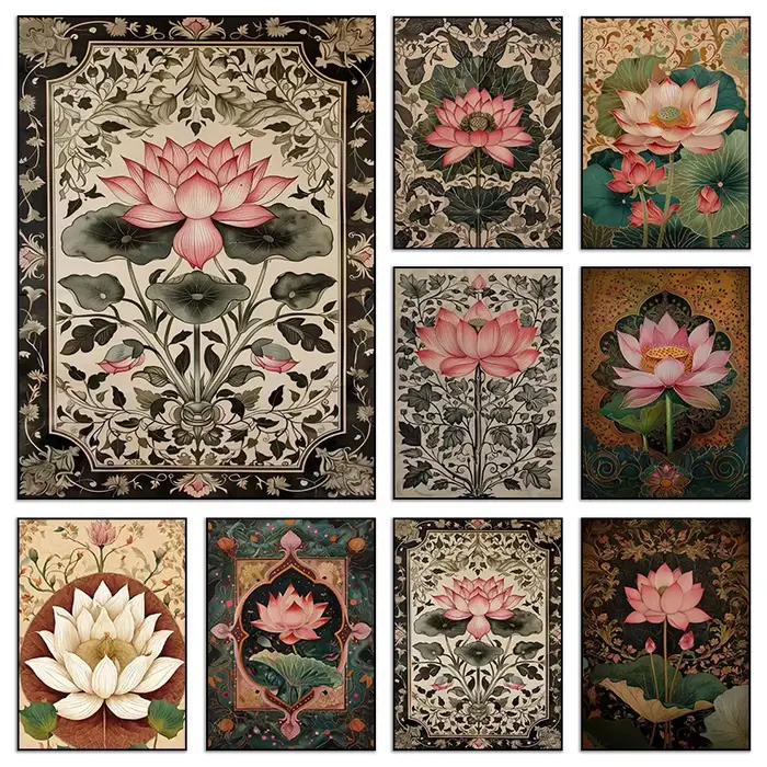 Affiches rétro modernes classiques de fleurs de Lotus rose