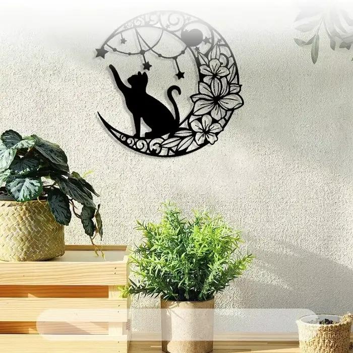 Décoration murale en fer simple avec silhouette de chat noir et lune