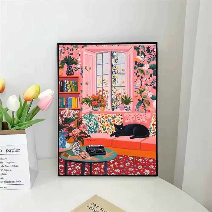 Affiche d'art chat noir léopard couché canapé toile peinture impression mur salon décor à la maison femme