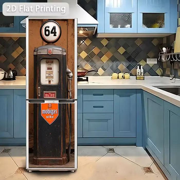 Autocollant pour réfrigérateur [60×180 cm] – Décoration murale rétro sur le thème de la station-service – Papier peint