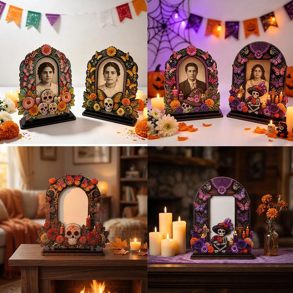 Ornement de cadre photo en bois pour le Jour des Morts, souvenir pour les proches, décoration d'ambiance festive, artisanat d'album photo