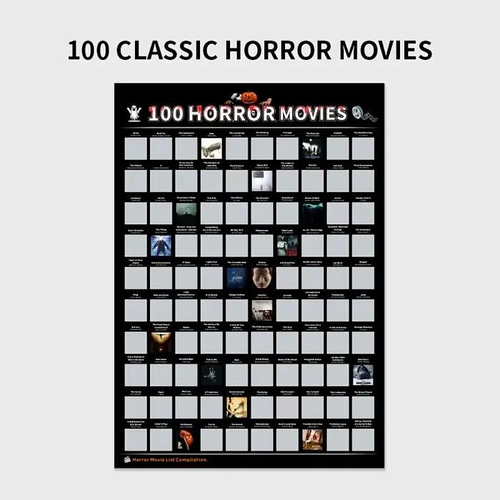 Affiche à gratter sur le thème des films d'horreur - Affiche des 100 meilleurs films d'horreur avec 